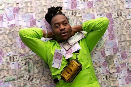 African American man in green outfit lying on a bed of dollar and euro banknotes, symbolizing wealth.