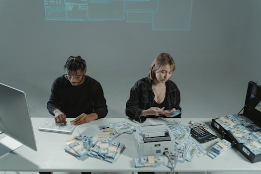 Two people counting money at a desk with computers and cash equipment.